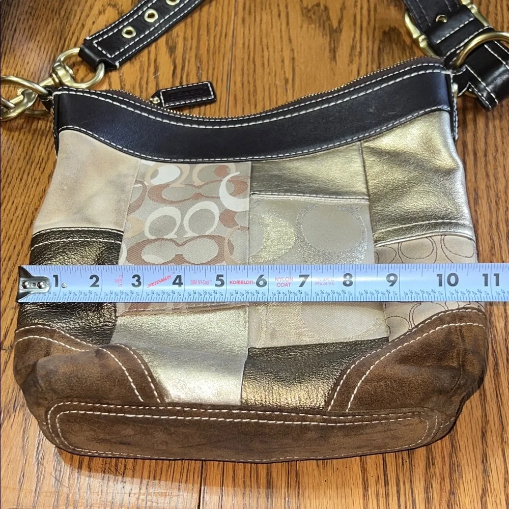 Coach signature Patchwork Crossbody Bag in, Gold, and Brown Leather and suede